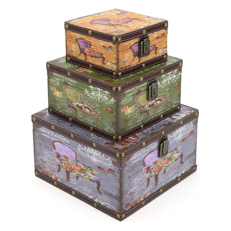 Jolitac Wood Storage Box Set of 3, Vintage Decorative Nesting Boxes Wooden Treasure Storage Crates With Latch, Home Decor Rustic Antique Boxes With Lid for Photos, Jewelry, Cash (Chair) Jolitac