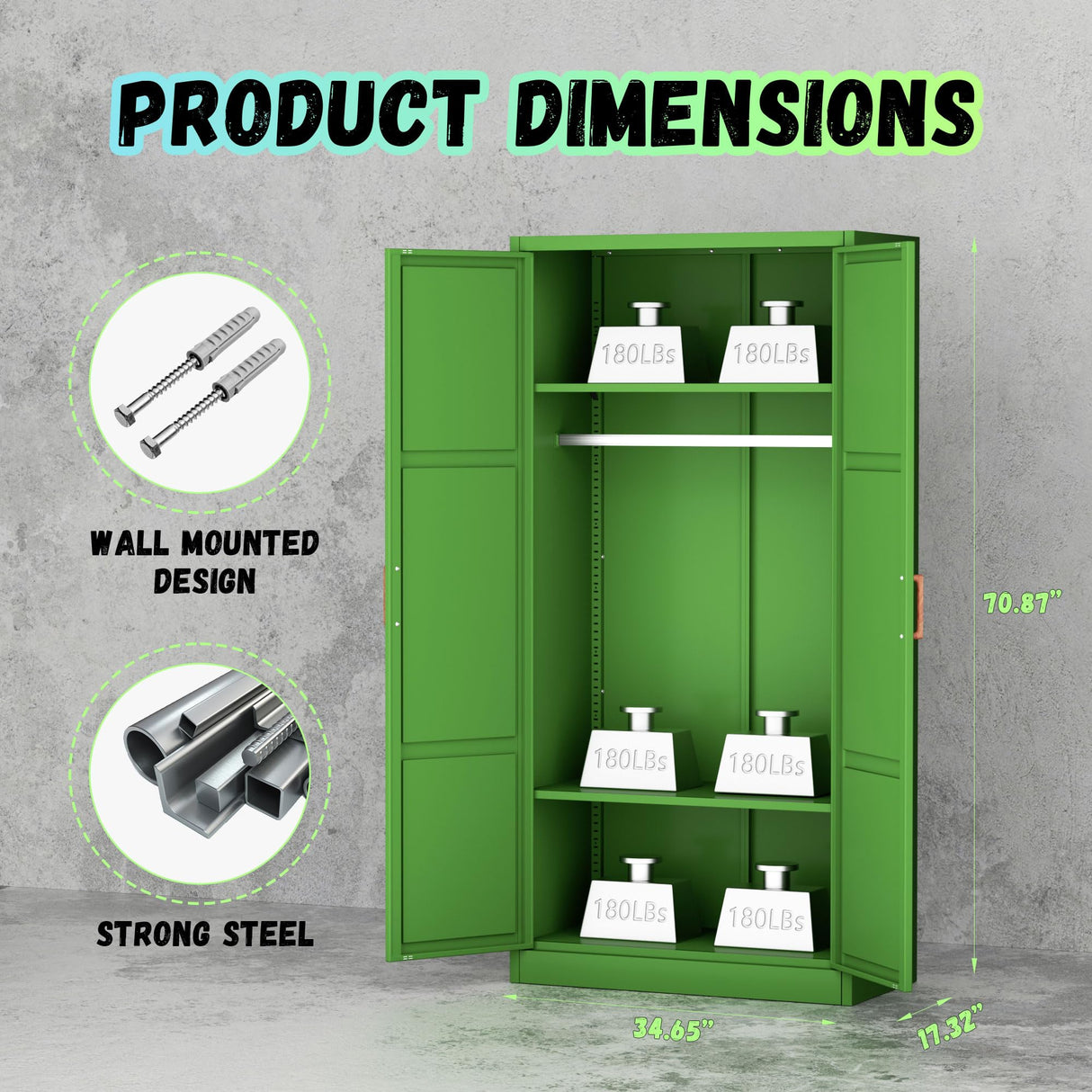 Bonusall Metal Wardrobe Cabinets with Single Rod and 2-Shelves, 70" Heavy-Duty Steel Clothing Storage Cabinets with 2 Doors, Green Armoire Wardrobe Closet for Bedroom, Laundry Room or Living Room Bonusall