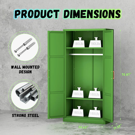 Bonusall Metal Wardrobe Cabinets with Single Rod and 2-Shelves, 70" Heavy-Duty Steel Clothing Storage Cabinets with 2 Doors, Green Armoire Wardrobe Closet for Bedroom, Laundry Room or Living Room Bonusall
