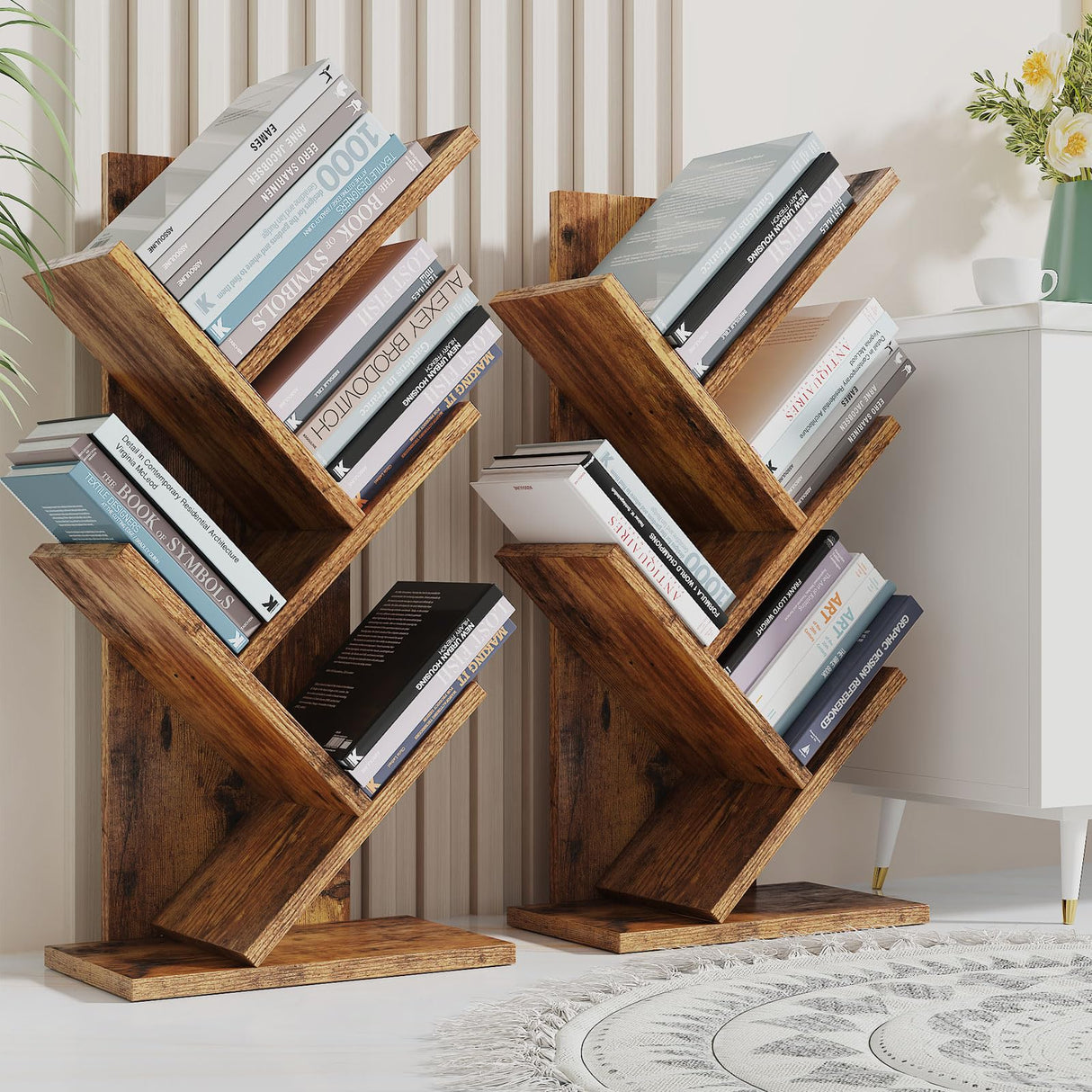YMYNY Tree Bookshelf, 4-Tier Book Storage Organizer Shelves,Rustic Brown, HBC014H YMYNY