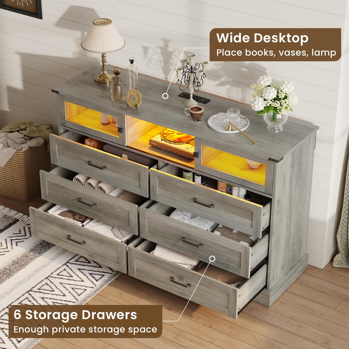 DICTAC Farmhouse 6 Drawers Dresser with Charging Station, LED Dresser with 2 Sliding Doors, Wood Wide Chest of Drawers, Storage Dressers Organizer for Bedroom, Living Room, Rustic Oak DICTAC