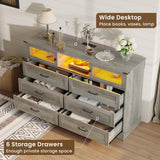 DICTAC Farmhouse 6 Drawers Dresser with Charging Station, LED Dresser with 2 Sliding Doors, Wood Wide Chest of Drawers, Storage Dressers Organizer for Bedroom, Living Room, Rustic Oak DICTAC