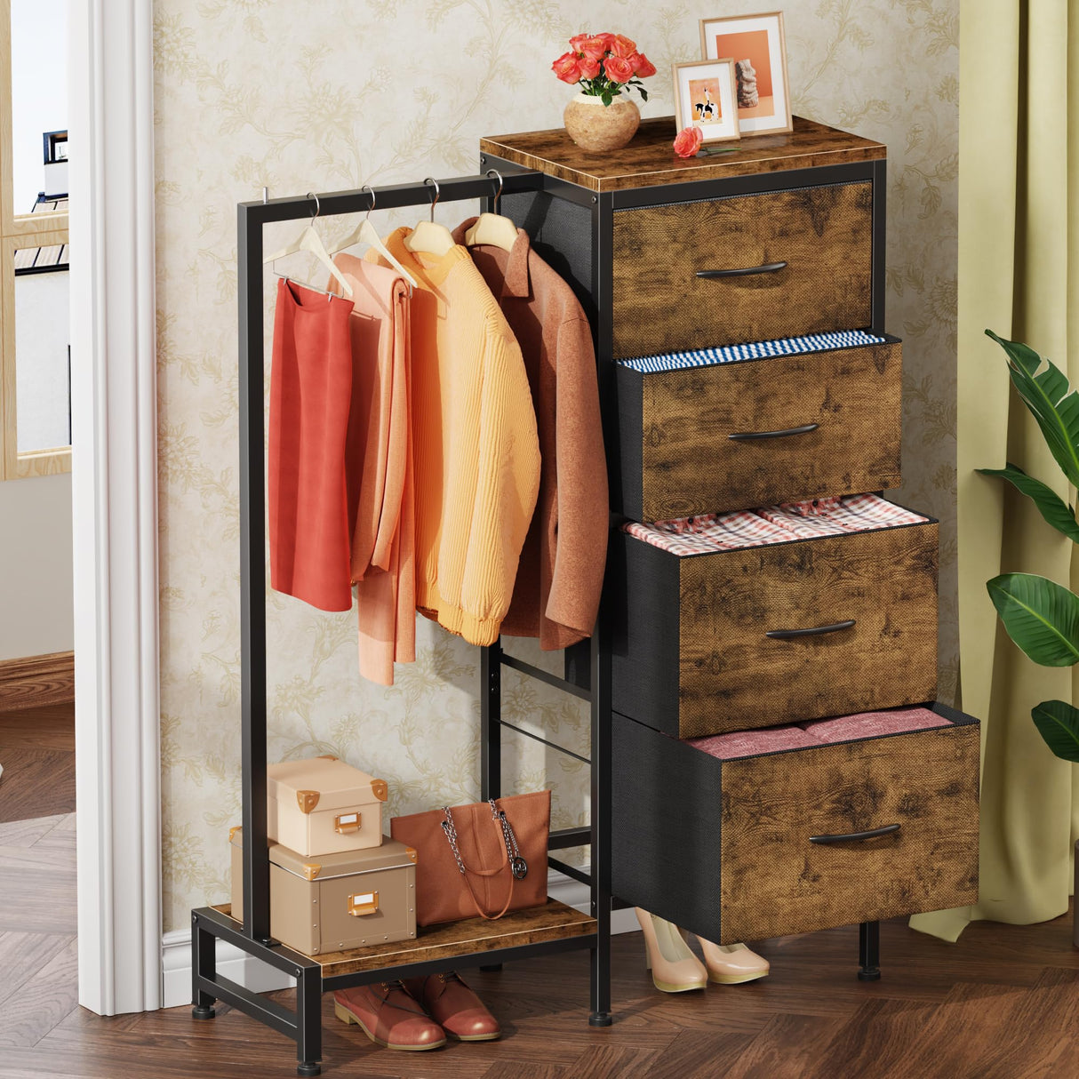 HIGDBFE Dresser with Hanging Rack, 4 Drawers Small Closet for Bedroom, Reversible Fabric Kids Chest of Drawers with Clothes Rack, Tall Storage Tower, Sturdy Frame, Rustic Brown, 44''H HIGDBFE