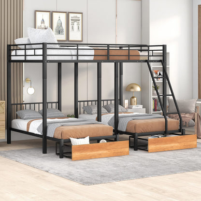 Harper & Bright Designs Metal Triple Bunk Bed with Drawers and Guardrails, Full Over Twin & Twin Bunk Bed for 3, Space-Noise Free, No Box Spring Needed - Black