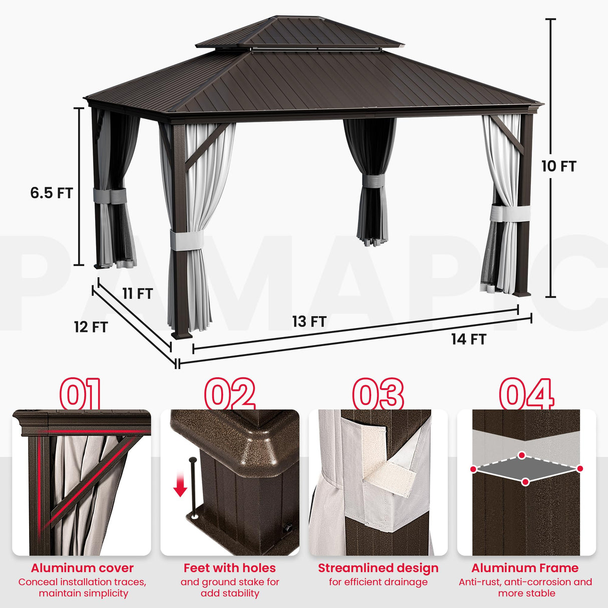PAMAPIC 12'x14' Hardtop Gazebo, Double Roof Canopy with Netting and Curtains,2-Tier Hardtop Gazebo with Galvanized Iron Aluminum Frame, GardenTent for Backyard, Parties, Garden, Brown Pamapic