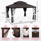 PAMAPIC 12'x14' Hardtop Gazebo, Double Roof Canopy with Netting and Curtains,2-Tier Hardtop Gazebo with Galvanized Iron Aluminum Frame, GardenTent for Backyard, Parties, Garden, Brown Pamapic