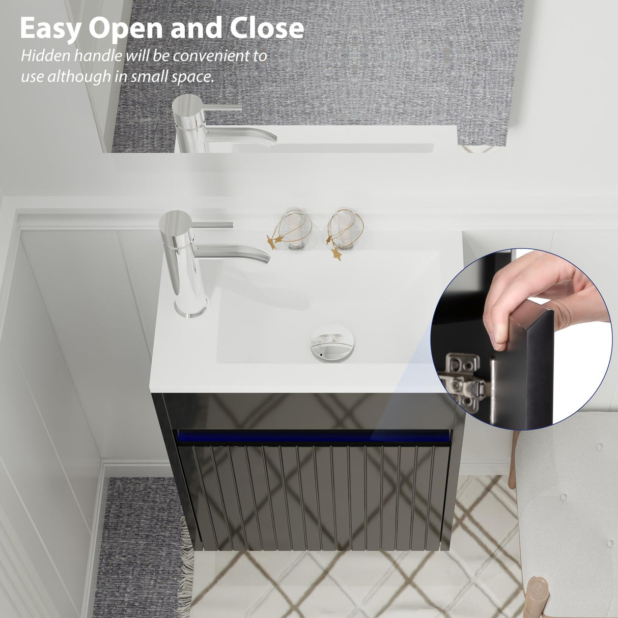 eclife 16" Small Bathroom Vanity Sink Combo, Modern Painted Wall Mounted Floating Cabinet W/Decoration Lines, Resin Basin Sink Top, Chrome Water Save Faucet & Pop Up Drain (Piano Black) eclife