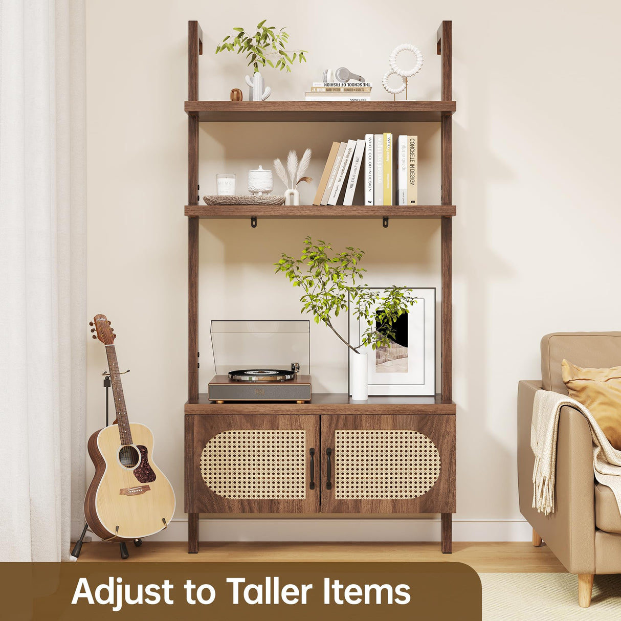 72" Tall Industrial Bookshelf Ladder with 1" Thick Wood - Faux Wood Grain Finish, 5-Tier Open Wall Mount Storage Cabinet with Rattan Doors, Rustic Brown iabifo