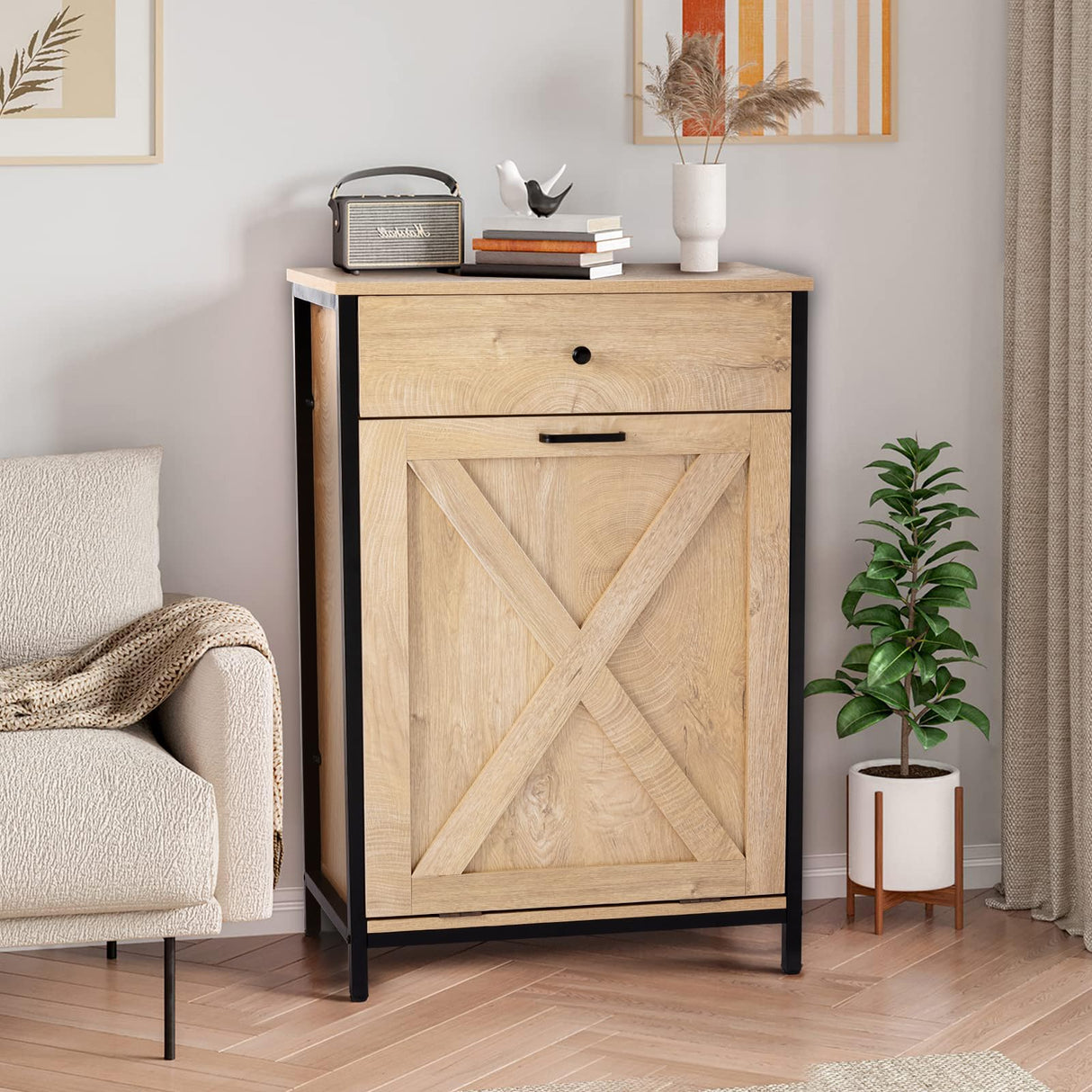 UEV Oak Color Style Trash Cabinet, Tilt Out Trash Cabinet with Solid Hideaway Drawer,Rustic Kitchen Trash Cabinet,Free Standing Wooden Kitchen Recycling Cabinet Trash Can Holder (Single) UEV