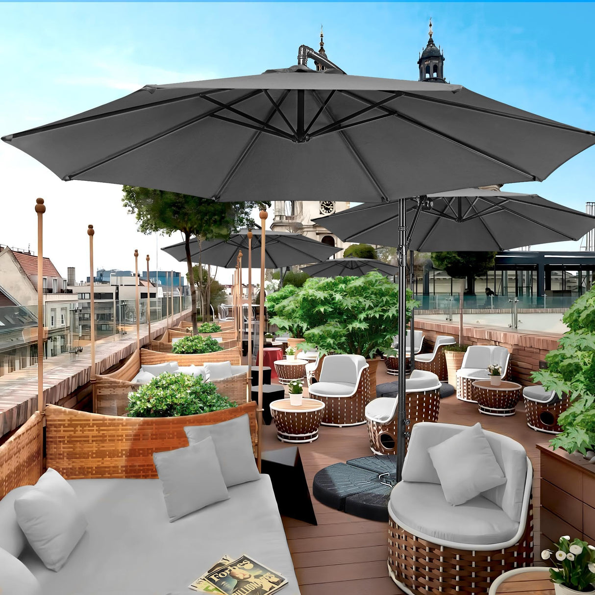 Yaheetech 10FT Patio Offset Umbrella - Cantilever Hanging Outdoor Umbrellas w/UV Protection & 8 Ribs & Handy Crank & Cross Base for Market/Garden/Lawn/Deck/Backyard/Pool - Gray Yaheetech