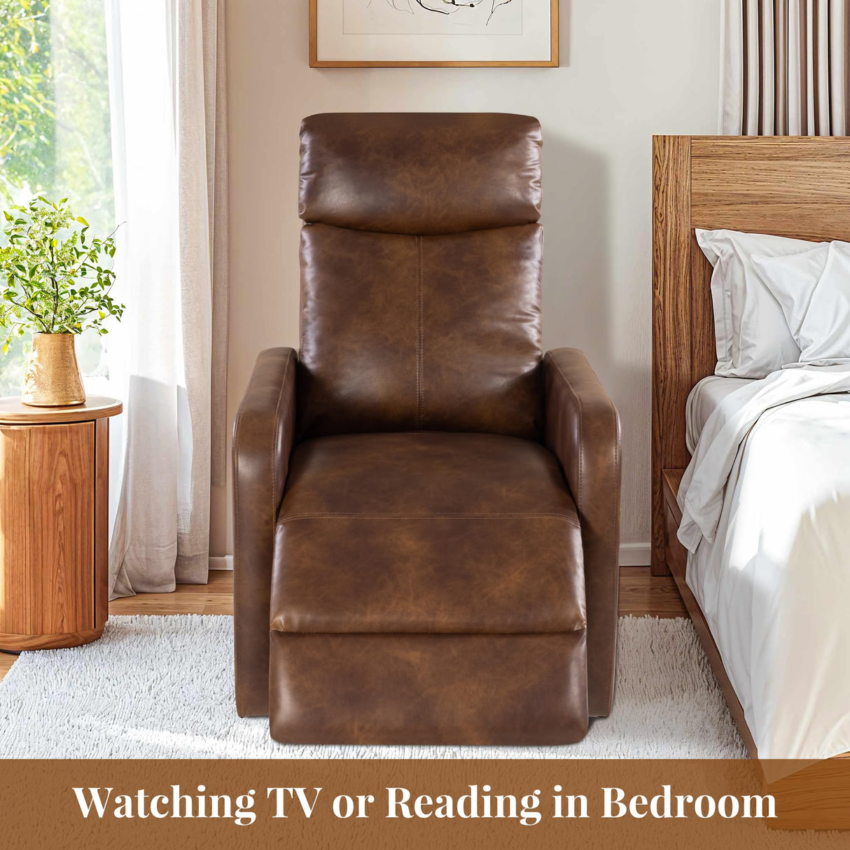 Cfvyne Zero Wall Power Recliner Chairs, Small Recliner for Small Spaces and Petite People Man Woman (1, Light Brown Faux Leather) Cfvyne