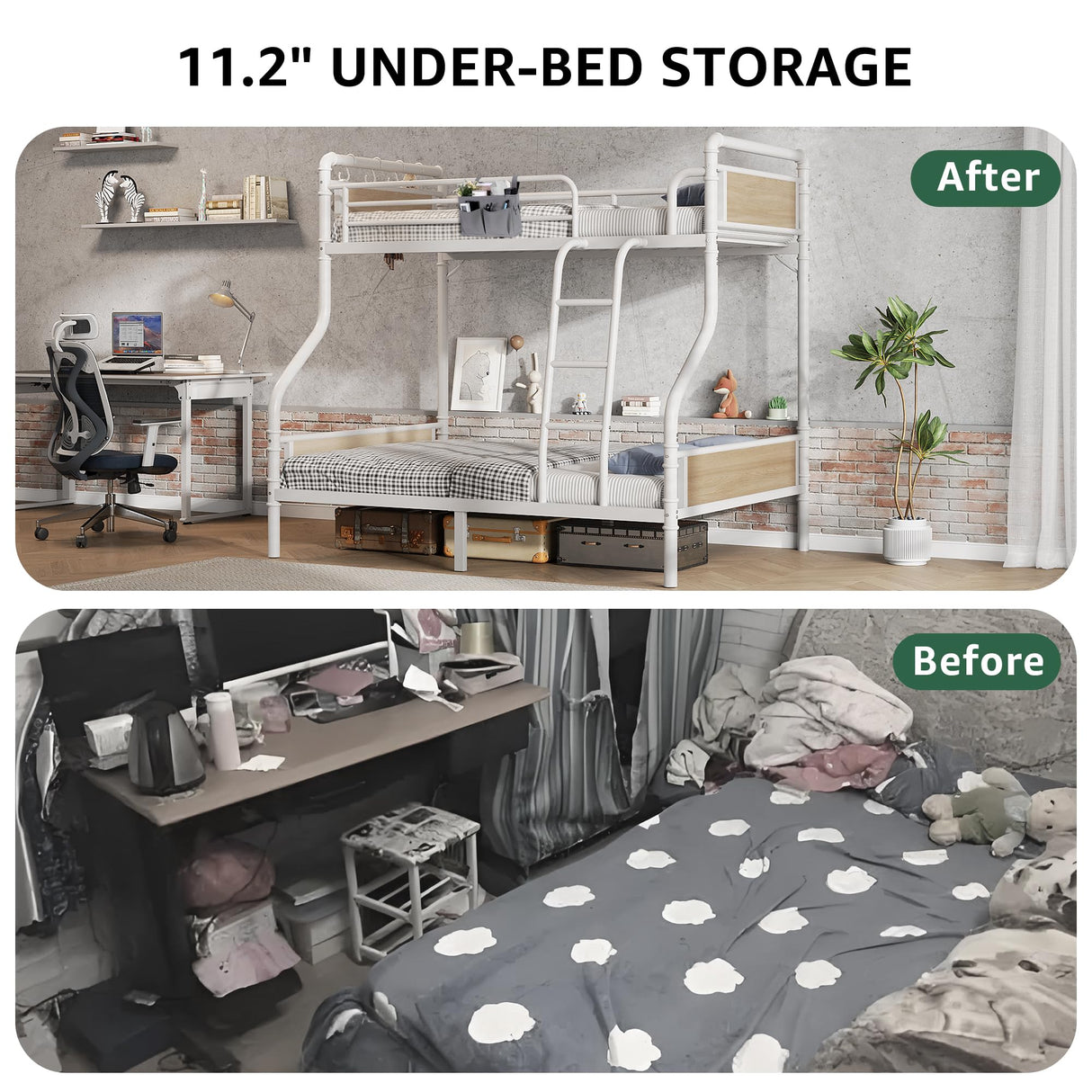 Jocoevol Bunk Bed Twin Over Full, Heavy Duty Metal Bunkbeds with Ladder and Full-Length Guardrail, Convertible into 2 Individual Beds for Kids, Teens and Adults, Under-Bed Storage Space, White Jocoevol