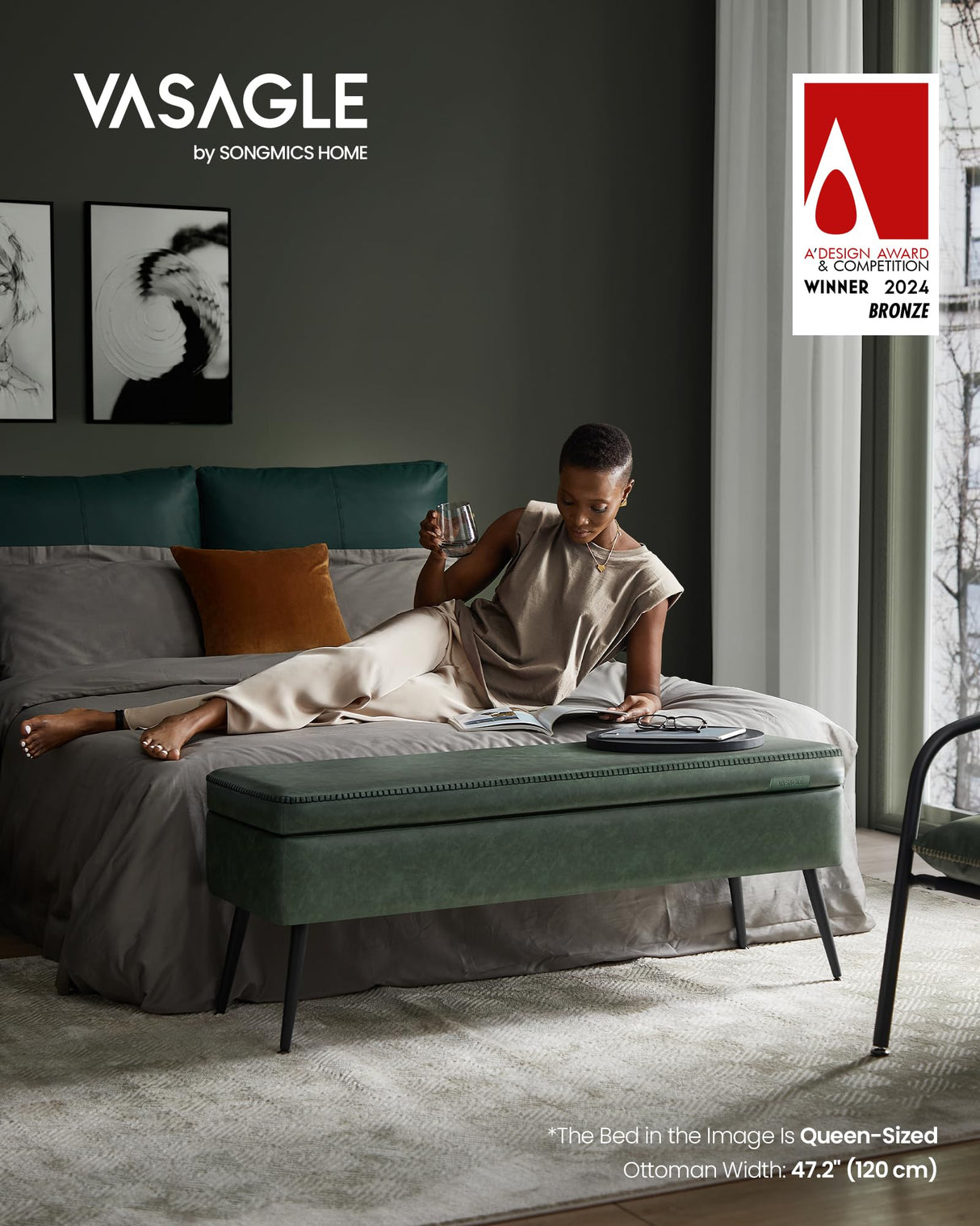 VASAGLE EKHO Collection - Storage Ottoman Bench, Entryway Bedroom Bench, 15 Gallons, Synthetic Leather with Stitching, Mid-Century Modern, Safety Hinges, Loads 660 lb, Forest Green ULOM074C01 VASAGLE