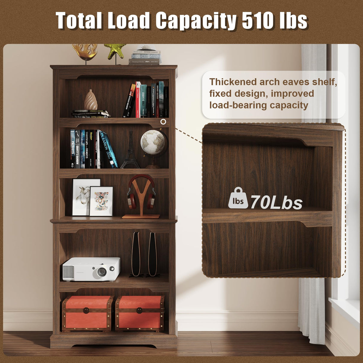 TRONLEE Tall Bookcase, 70 inch Height, 5-Tier Open Storage Shelf, 31.5 in Wide Standing Bookshelves for Home, Office, Bedroom, School, Library, 31.5W * 11.81D *70H (Walnut, Open Storage) TRONLEE