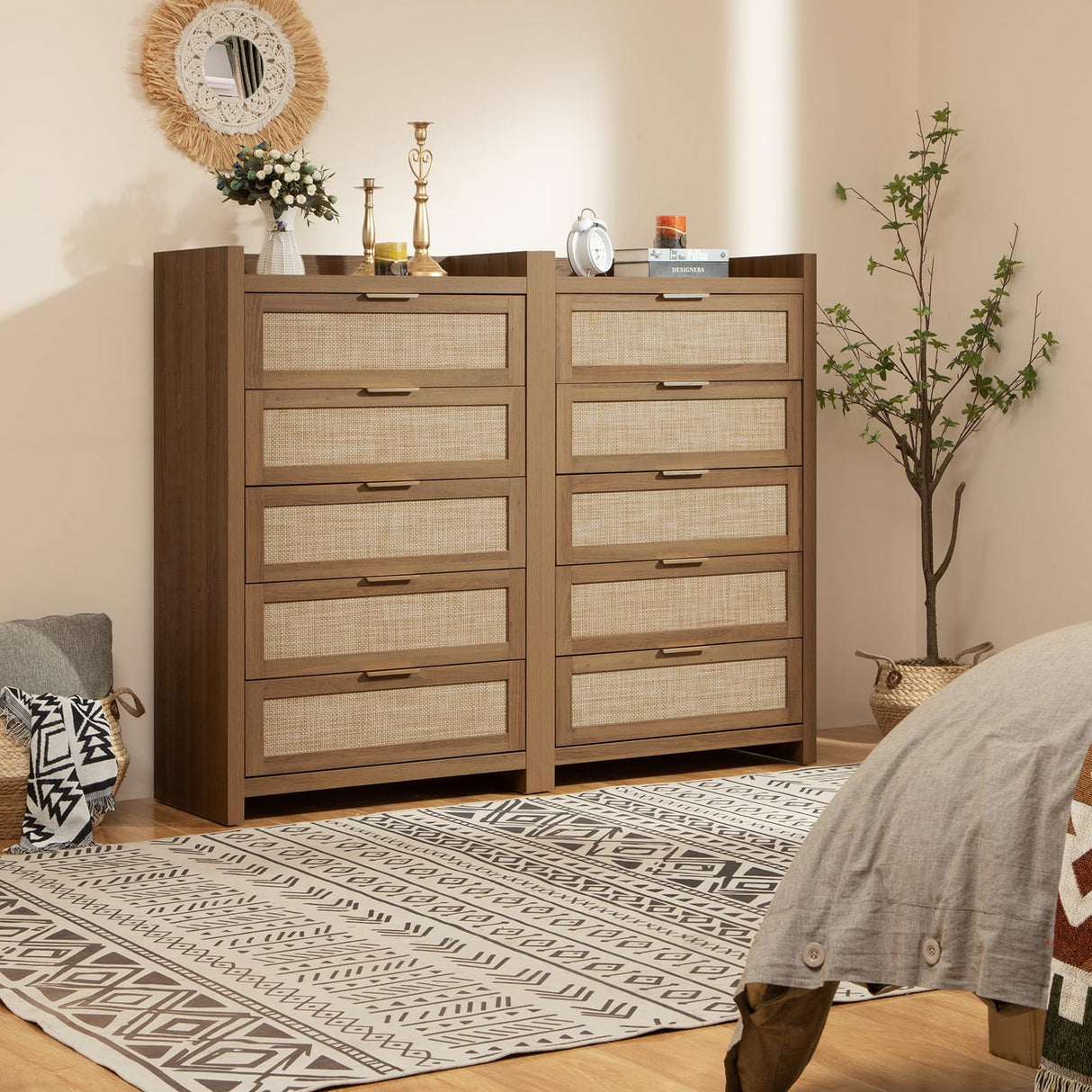 SICOTAS Dresser for Bedroom Chest of Drawers Tall Dresser with 5 Rattan Drawers Wood Dresser for Closet Boho Clothes Storage Tower Large Nightstand Sets for Living Room Hallway Nursery Entryway (2PCS) SICOTAS