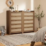 SICOTAS Dresser for Bedroom Chest of Drawers Tall Dresser with 5 Rattan Drawers Wood Dresser for Closet Boho Clothes Storage Tower Large Nightstand Sets for Living Room Hallway Nursery Entryway (2PCS) SICOTAS