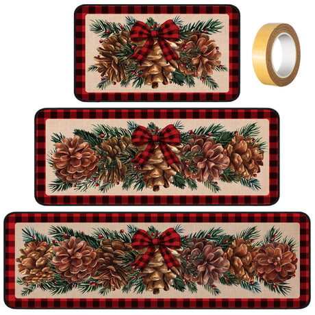 Drydiet 3 Pcs Christmas Kitchen Rugs Non Slip Winter Floor Mat for Kitchen Floor Hallway Laundry Sink and Bathroom, 20"x32" 20"x47", 20"x59"(Pinecone) Drydiet