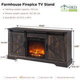 OKD Farmhouse Electric TV Stand for 65+ Inch TV, Rustic Entertainment Center with 18" Fireplace, Sliding Barn Door, Storage Shelves, Wood Media Console Cabinet for Living Room, Dark Rustic Oak OKD