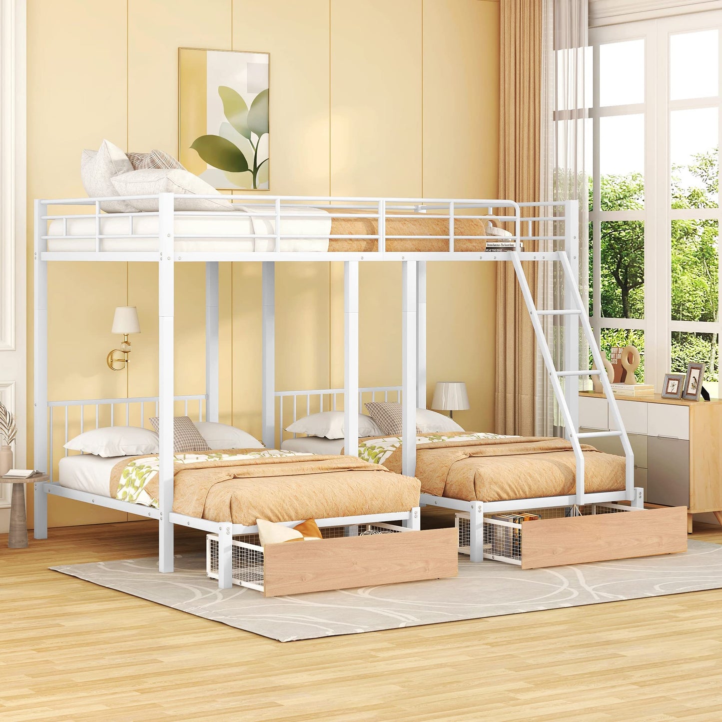 Harper & Bright Designs Metal Triple Bunk Bed with Drawers and Guardrails, Full Over Twin & Twin Bunk Bed for 3, Space-Saving, Noise Free, No Box Spring Needed - White