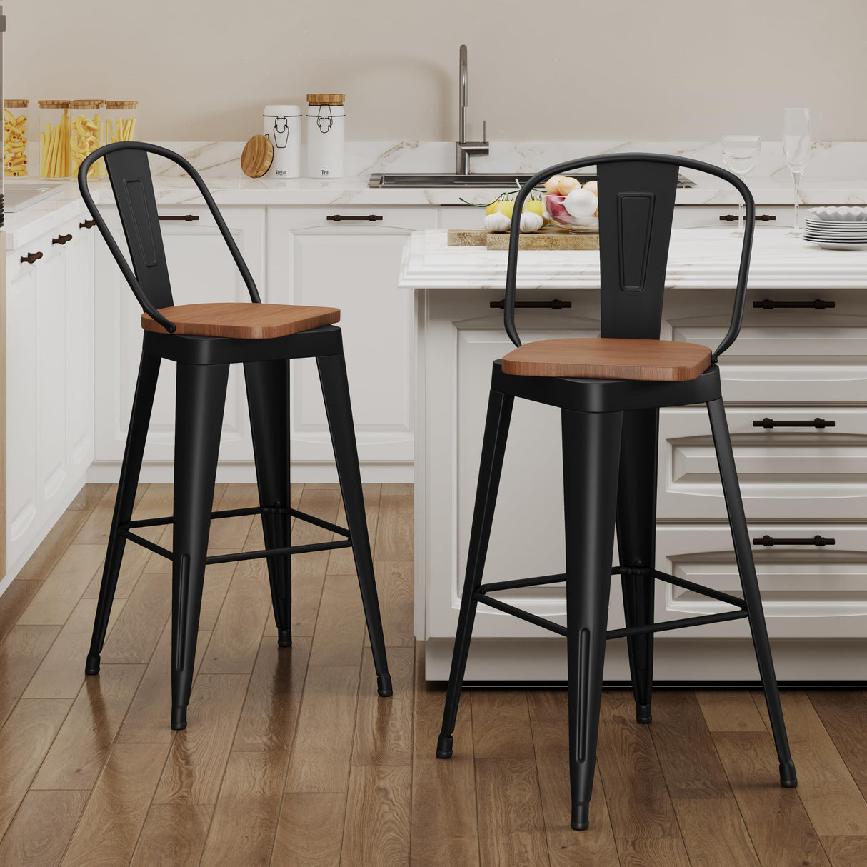Aklaus Swivel Metal Bar Stools 24 inch Swivel Counter Height Barstools Set of 2 Modern Farmhouse Bar Chairs with High Backs and Large Wooden Seat for Kitchen Island Dining Room Matte Black Aklaus