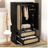 MJADUE Wood Wardrobe Closet with 2 Doors and Drawers, Wooden Closet Storage Cabinet with Gold Handles for Clothes, Rattan Freestanding Wardrobe Cabinet for Bedroom/Apartment,Black MJADUE