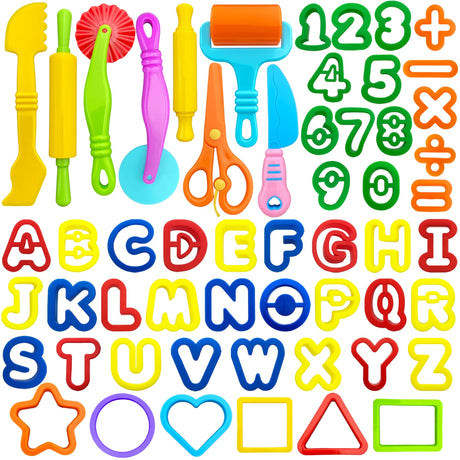 Playdough Tools 55 PCS Play Dough Tools Set for Kids, Play Dough Accessories Plastic Playdough Alphabet Numbers Shapes Cutters,Playdough Rollers,Dough Scissors iShyan