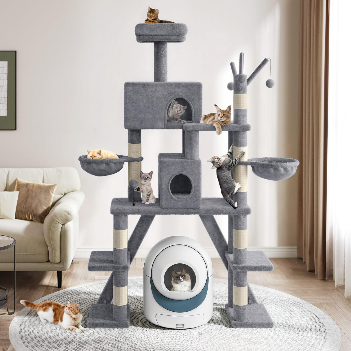 Homiflex Tall Cat Tree for Indoor Cats, 74" Multi-Level Cat Tower with Cat Condos, Plush Perches & Self-Cleaning Litter Box Base, Modern Cat Tree with Scratching Posts & Hammocks, Grey Homiflex