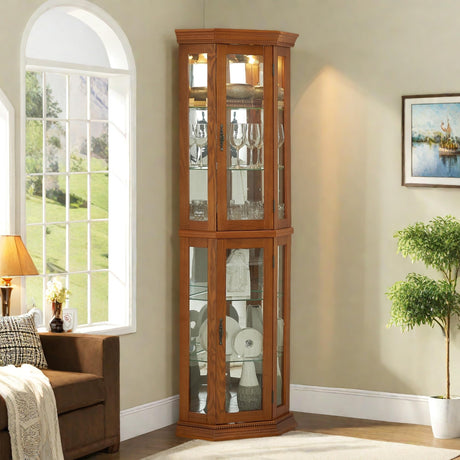 Trygoal 70" H Lighted Corner Display Cabinet, Wooden Storage Display Case with Tempered Glass Doors, Accent Cabinet with Adjustable Shelves for Living Room, Oak Trygoal