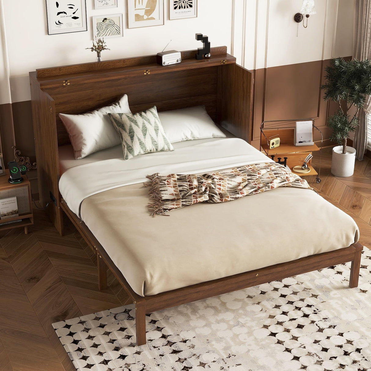 DNChuan Queen Size Murphy Cabinet Bed with Storage Drawer and Charging Station, Foldable Dresser Platform Bed with Oval Rattan Decoration Panel, Space Saving, Walnut DNChuan