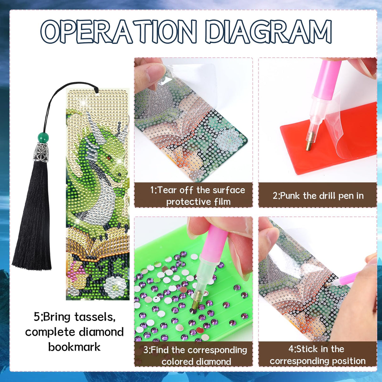 Sitsink Dragon Art Kits - 6 Pc Diamond Bookmarks with Tassels, Fantasy Creature Dragon Painting Kits for Adults Sitsink