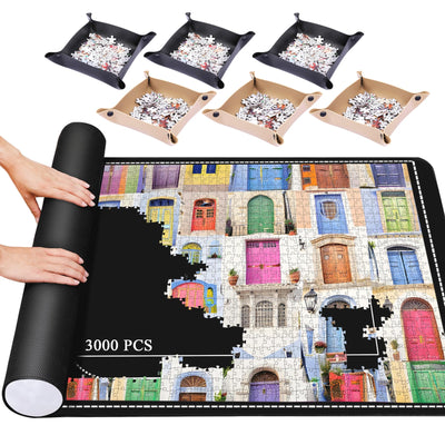 Pohxev Jigsaw Puzzle Mat Roll Up, 49” x 36” 3000 2000 1500 Pieces, Roll-Up Puzzle Mats Save Pad with 6 Leather Sorting Trays & 1 Storage Bag. Sheets and Frame Keeper Accessories for Adults