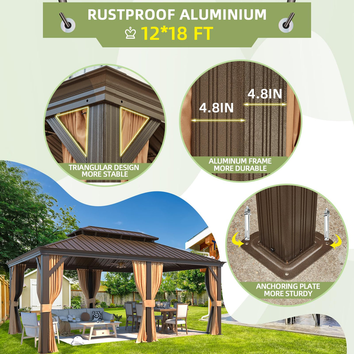 MELLCOM 12' x 18' Hardtop Gazebo,Galvanized Steel Metal Double Roof Gazebo with Curtain and Netting,Brown Permanent Pavilion Gazebo with Aluminum Frame for Patios,Gardens,Lawns MELLCOM