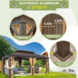 MELLCOM 12' x 18' Hardtop Gazebo,Galvanized Steel Metal Double Roof Gazebo with Curtain and Netting,Brown Permanent Pavilion Gazebo with Aluminum Frame for Patios,Gardens,Lawns MELLCOM