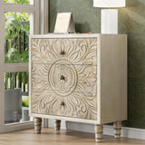 COZAYH 3-Drawer Bedroom Dresser with Carved Floral Front, Distressed Weathered White Finish – Rustic, Boho, French Country, Farmhouse Nightstand with Smooth Glide Storage Drawers COZAYH