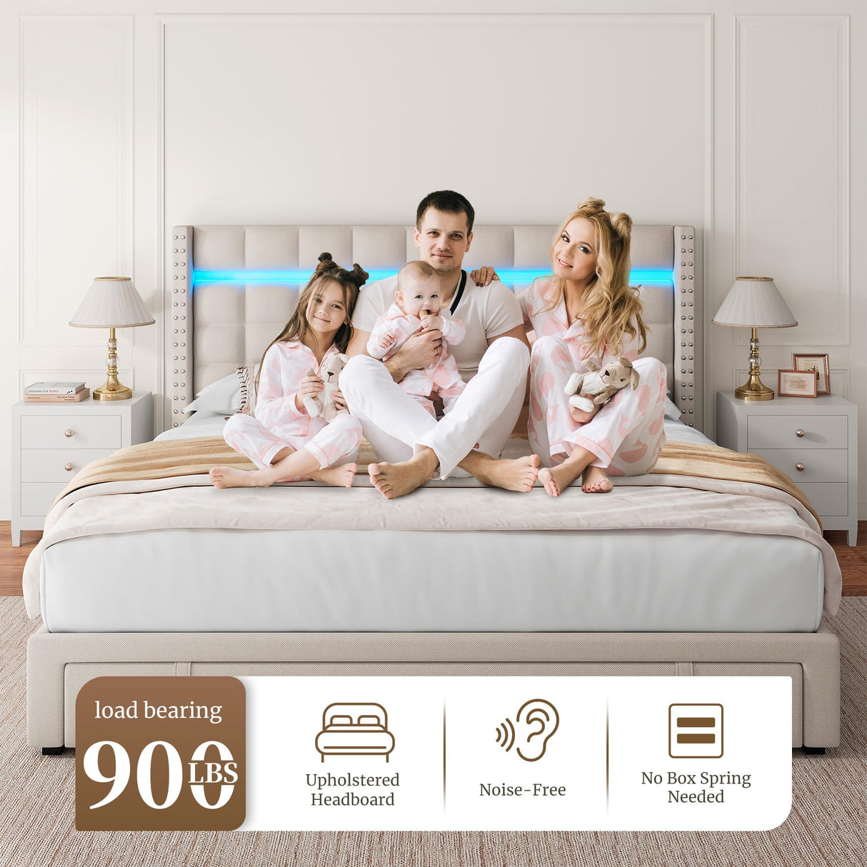 EnHomee LED Queen Bed Frame with Adjustable Headboard & 3 Storage Drawers in Beige EnHomee