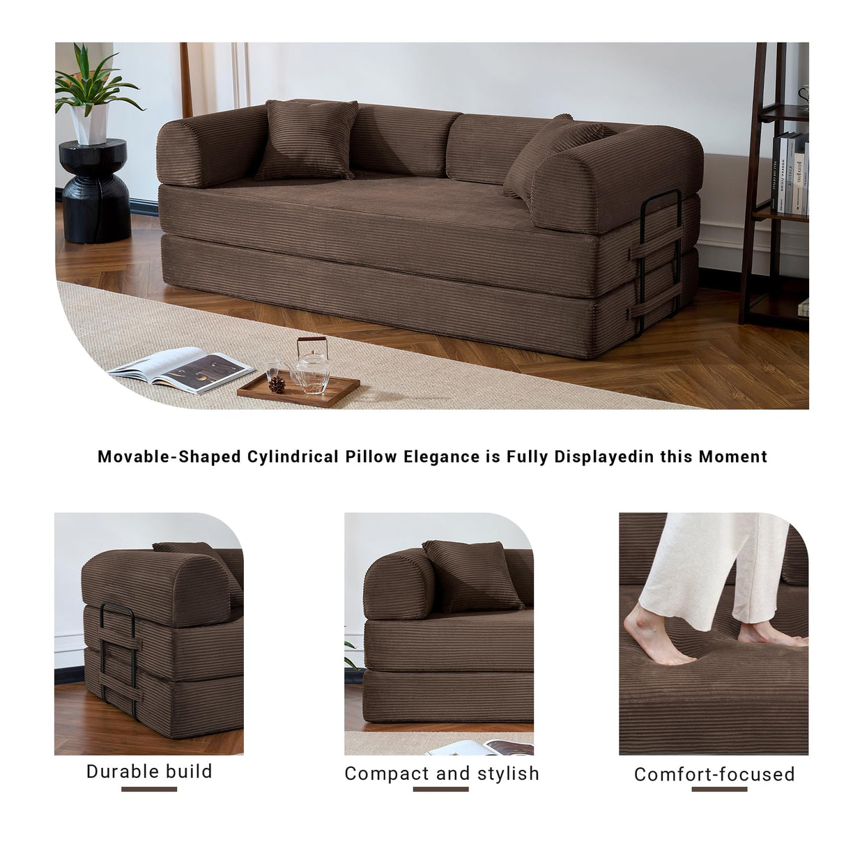 NNQ Compressed Sofa - Convertible Sofa Bed, Corduroy Compression Boneless Couch in a Box, Comfy Modular Foldable Floor Sleeper Sofa for Bedroom, Living Room (Corduroy Fabric, Brown) NNQ