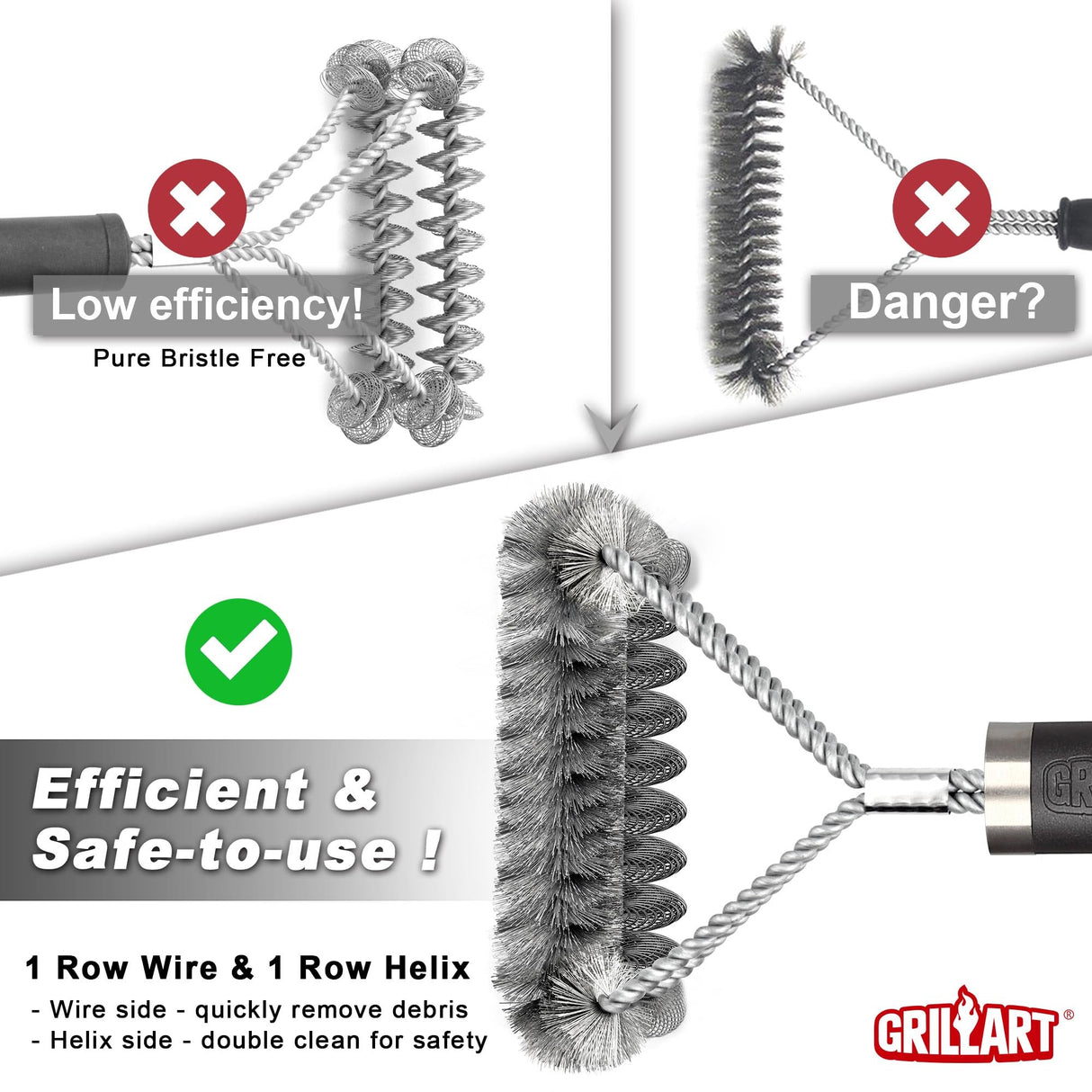 GRILLART Grill Brush [Helix + Wire] Combined BBQ Brush - Safe & Efficient Grill Cleaning Brush - 18" Grill Cleaner Brush Scrubber for Gas/Porcelain/Charbroil Grates – BBQ Accessories Gifts for Men/Dad GRILLART