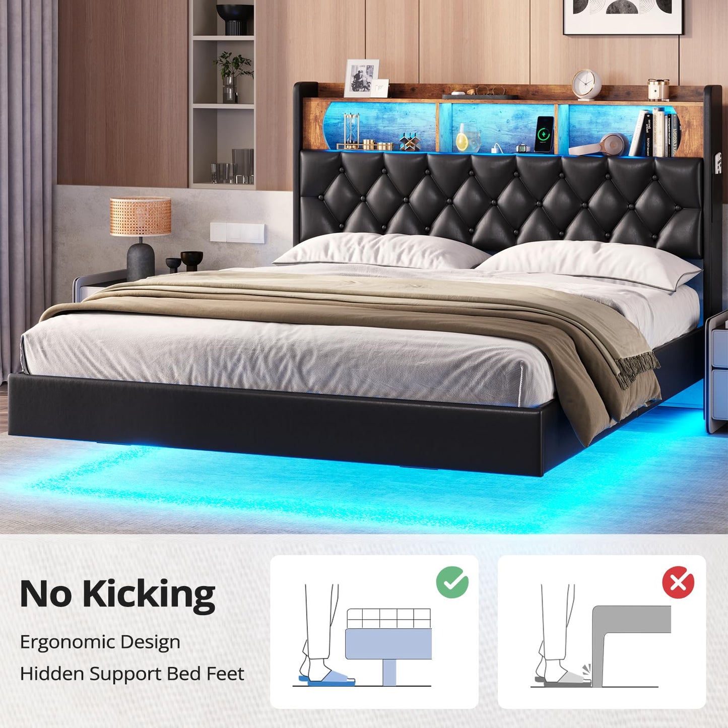 BTHFST Queen Size Floating Bed Frame with LED Lighting, Charging Station & Storage Headboard in Black - WoodArtSupply