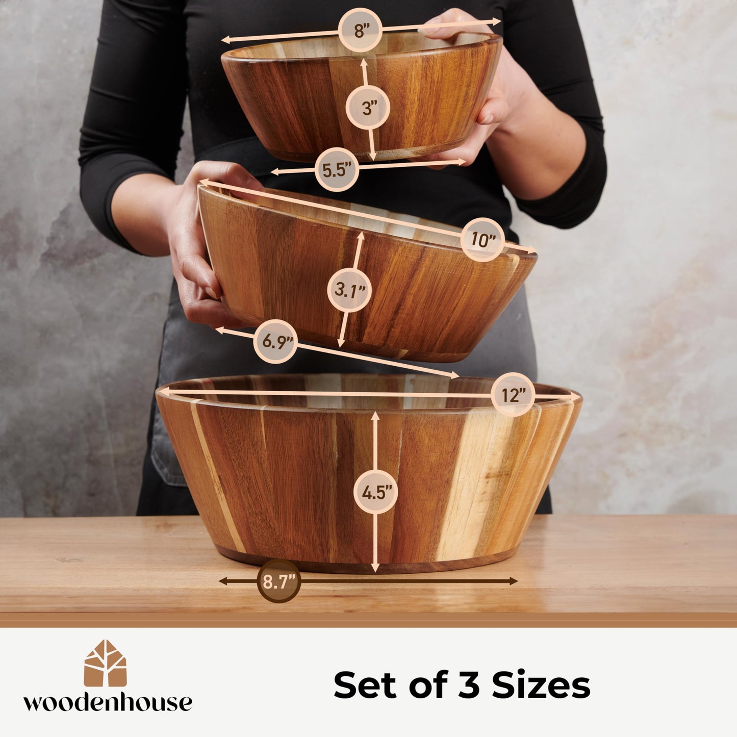 Wooden Salad Bowl, Wood Bowl Set of 3 - Round Design Large Salad Bowl for Serving, Fruit Bowls, Handmade, Durable and Stylish Natural Wood Dining Accessory by Woodenhouse