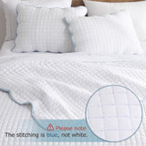WDCOZY White King Size Quilt Bedding Set, Scalloped Farmhouse Country Rustic Lightweight Soft Coverlet, Cute Cozy Kantha Pick Stitch Bedspread, 2 Pillow Shams, Blue Edge Blue Stitching WDCOZY