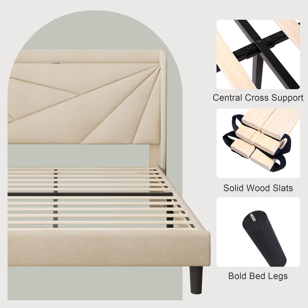 Feonase Queen Bed Frame with Charging Station, Upholstered Platform Bed Frame with Wingback Storage Headboard, Solid Wood Slats Support, No Box Spring Needed, Beige Feonase