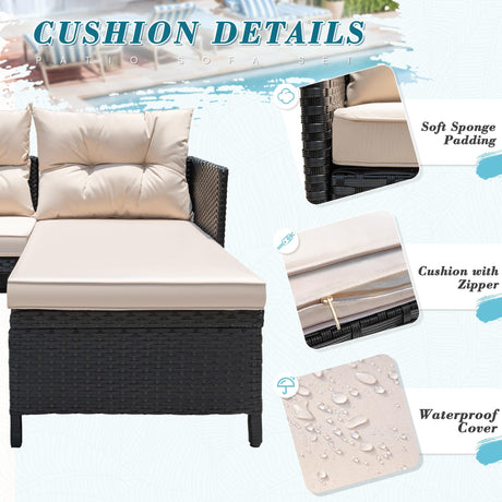 Greesum 3 Piece Patio Furniture Set Outdoor Wicker Rattan Sectional Sofa with Cushions & Coffee Table for Yard, Garden, Porch, Poolside, Light Beige Greesum