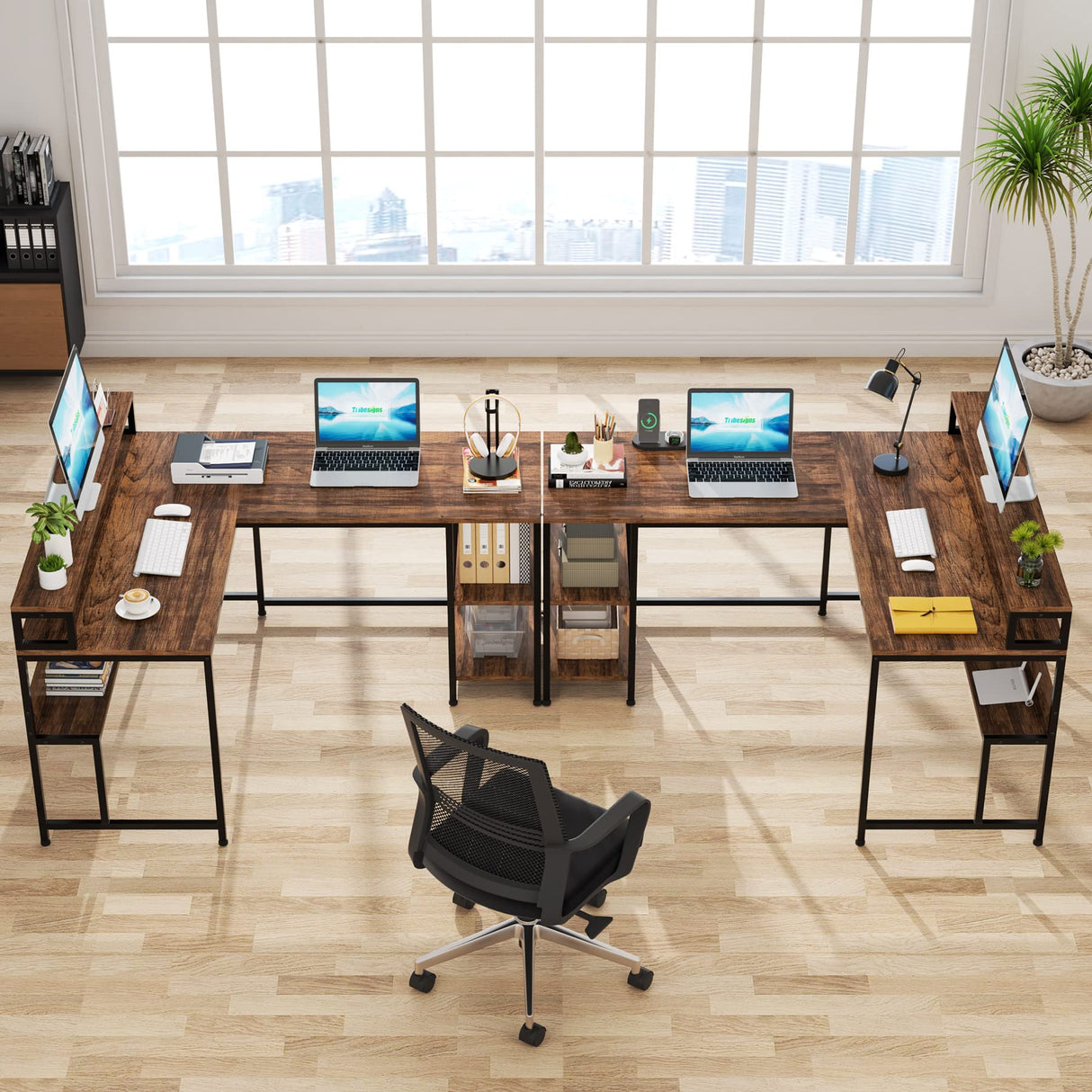 Tribesigns L Shaped Desk with Shelves, 59" Large Corner Computer Desk with Monitor Shelf, Reversible Home Office Desk with Bookshelf and Metal Frame, Two Person Desk, Rustic Brown Tribesigns