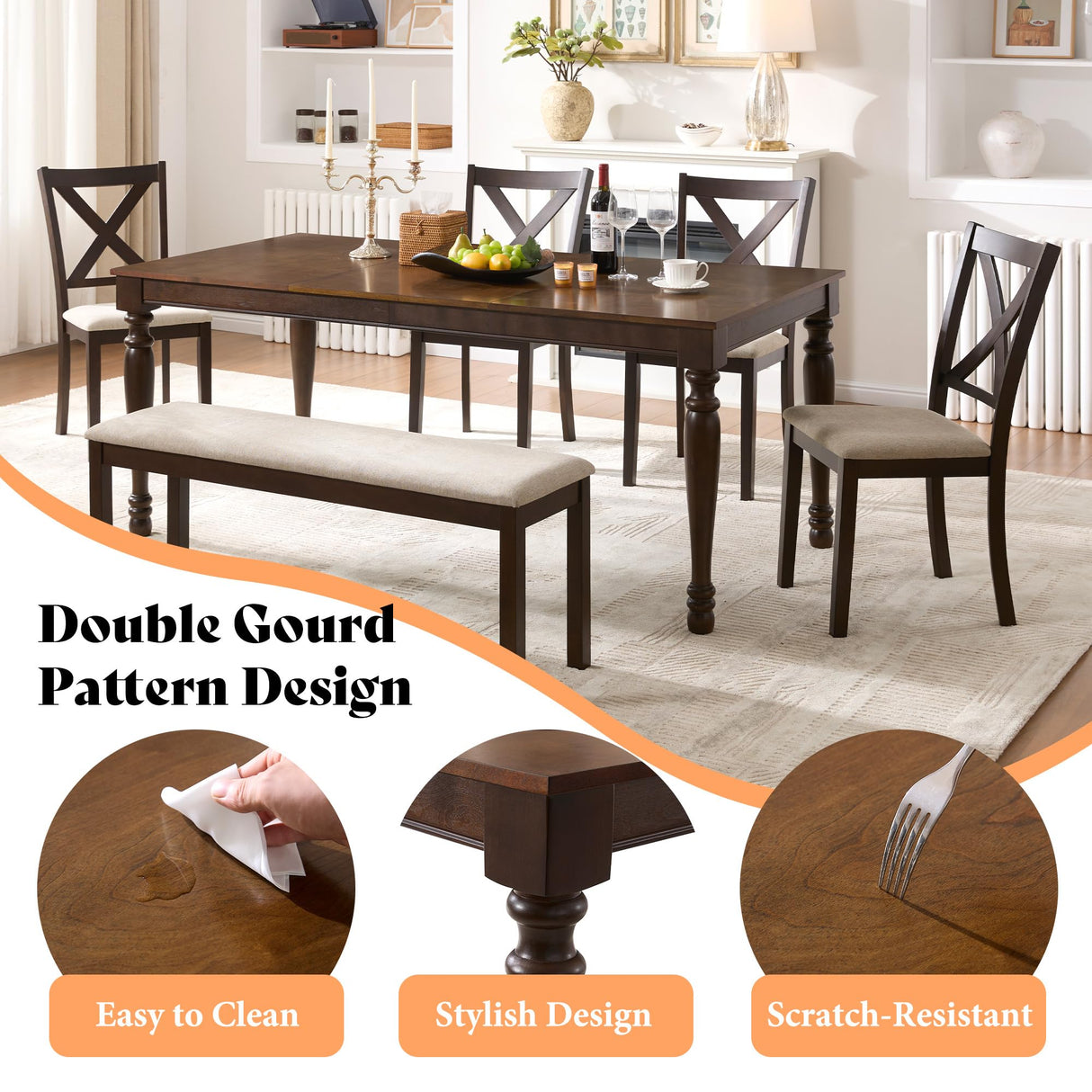 AMERLIFE 6 Piece Farmhouse Dining Table Set, 71'' Solid Wood Table with Upholstered Chairs & Bench, Seating for 6, for Kitchen or Dining Room, Brown & Black AMERLIFE