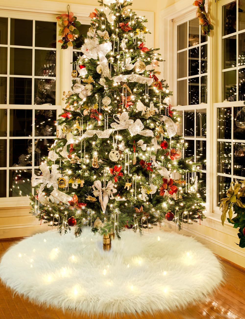 Multiwins 48 Inch Faux Fur Christmas Tree Skirt, Fluffy Plush Skirt for Christmas Tree, White Christmas Tree Rug Skirt Perfect for Christmas Party Decorations multiwins