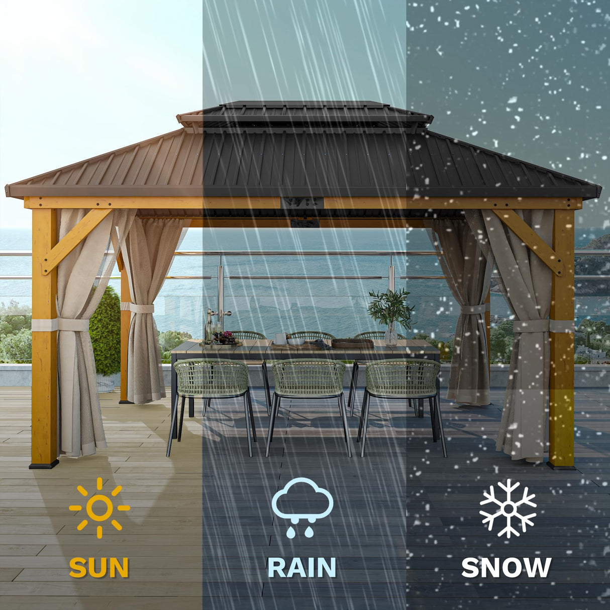 DWVO 13X15FT Gazebo Wood Outdoor Wooden Frame Double Roof Hardtop Galvanized Steel Top Canopy w/Curtain and Netting, Patio Heavy Duty for Deck, Backyard, Beige Yellow DWVO