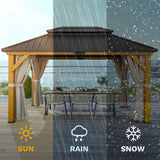 DWVO 13X15FT Gazebo Wood Outdoor Wooden Frame Double Roof Hardtop Galvanized Steel Top Canopy w/Curtain and Netting, Patio Heavy Duty for Deck, Backyard, Beige Yellow DWVO