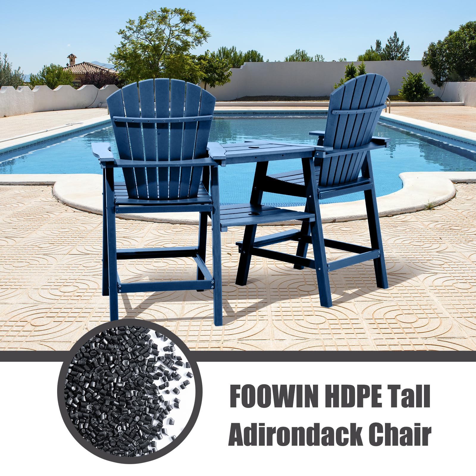 FOOWIN Tall Adirondack Chairs Set of 2，Recycled Poly Balcony Chair with Double Connecting Tray Patio Stools Weather Resistant for Outdoor Deck Lawn Pool Backyard (Double Connecting Tray, Navy - WoodArtSupply