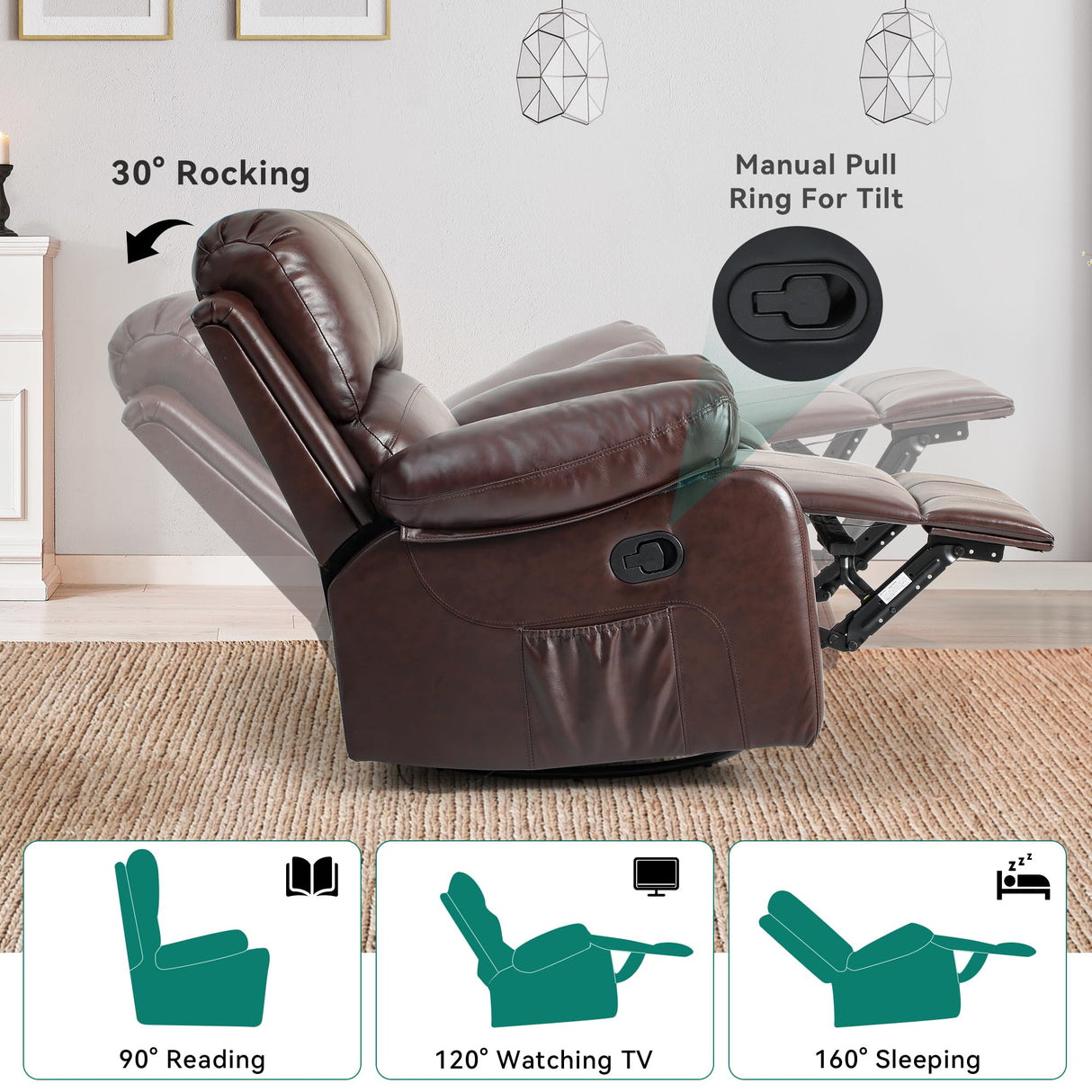 DWVO Rocker Recliner Chair with Heat and Massage, Manual Reclining Chair with Overstuffed Armrest, Rocking Function and Side Pocket, Faux Leather Recliner for Living Room,Brown DWVO