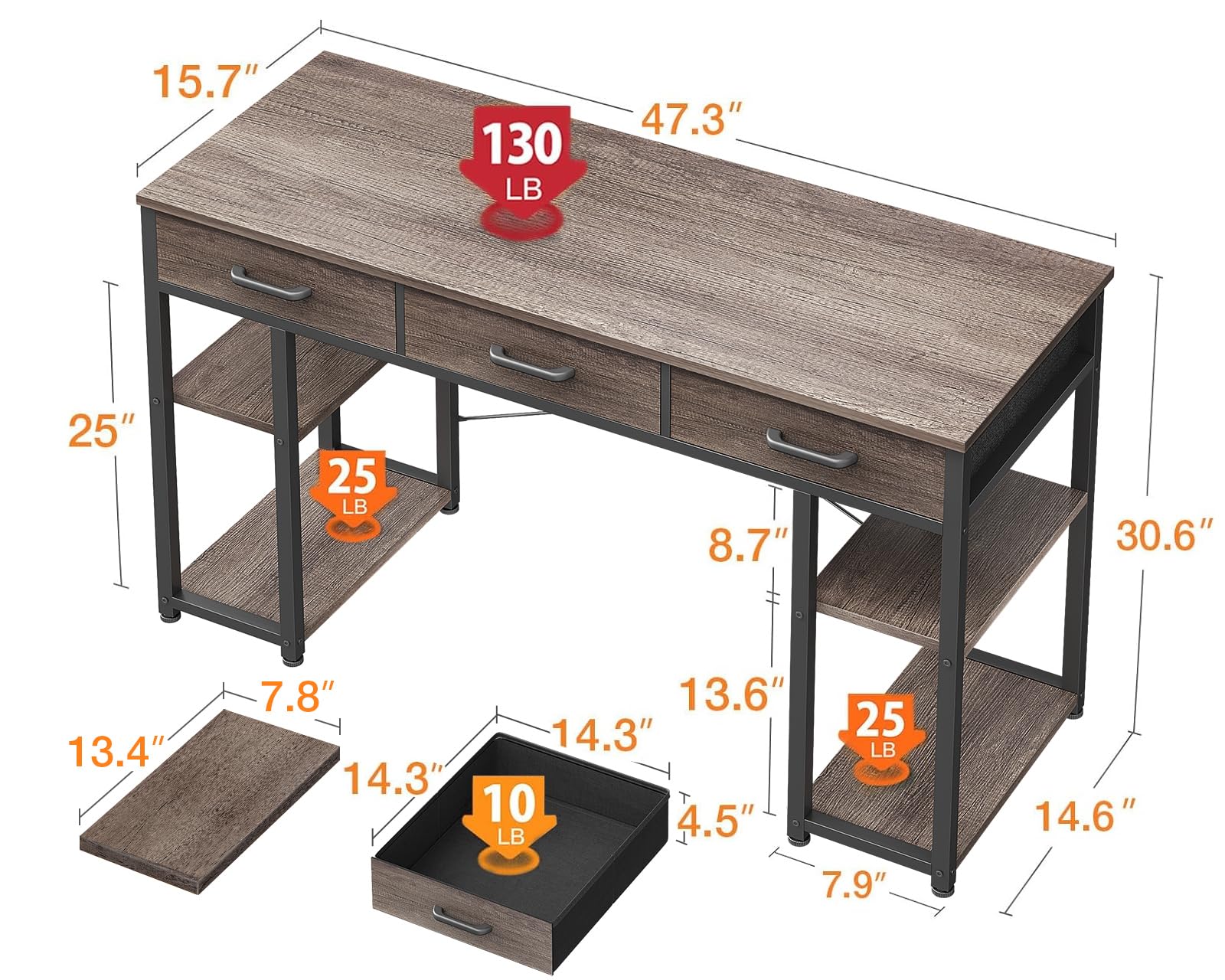 ODK Office Small Computer Desk: Home Table with Fabric Drawers & Storage Shelves, Modern Writing Desk, Grey Oak, 48"x16" - WoodArtSupply